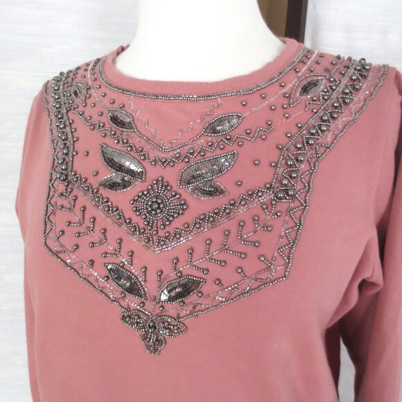 Top Shop Pink Silver Beaded Embroidered Sequin Crew Neck Sweatshirt S Small 6 - Picture 2 of 5